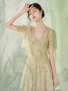 XIANGYING | New Chinese Style Floral Print Green Tank Dress