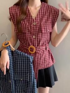 AIYITI | Retro Check Sleeveless Shirt Loose V-Neck Large Size