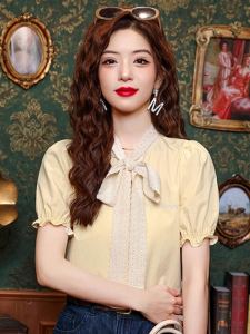 Áo Sơ Mi Ren Thắt Nơ Dễ Thương Cho Nữ Mùa Hè Phong Cách Đại Học Tay Bồng Viền Ren Áo Lót Bên Trong Cổ Chữ V Dài Thường