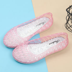 Womens Crystal Plastic Flat Bottom Anti-Slip Transparent Sandals Summer Outdoor Wear Waterproof Shoes for Rainy Days Casual Low Cut