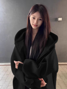 SHUQINGLAI | Áo Khoác Hoodie Phong Cách Thoải Mái Có Zipper Màu Đen