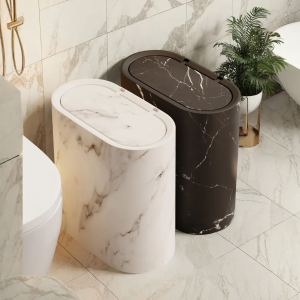 1pc Marble Pattern Trash Can with Lid - Press-Top Design Plastic Bin Modern Black & White Marble Texture for Bathroom Bedroom