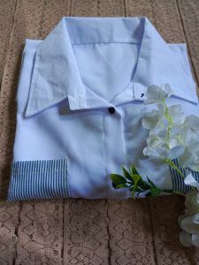 viona Tunik atasan wanita/Kemeja wanita putih kombinasi salur biru material itycrepe kombinasi katun salur/kemeja saku full kancing depan terbaru & termurah