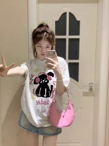 เสื้อยืดแขนสั้นผ้าฝ้ายแท้สไตล์อเมริกันสำหรับผู้หญิงในช่วงฤดูร้อน ทรงหลวมสบายๆ ดีไซน์แขนสั้น ทรงเข้ารูป สไตล์ฮ่องกง เสื้อตัวบน