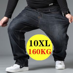【Plus Size】Men Black Jeans Elastic Band 10XL Oversize High Waist Loose Pant Husband Plus Size Fat Loose Blue Male Denim Trouser