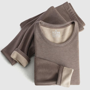Mens Thickened Cashmere Silk Fleece Lined Warm Underwear Set Winter Small round Neck Heating Cold Proof Base Layer Autumn Clothes