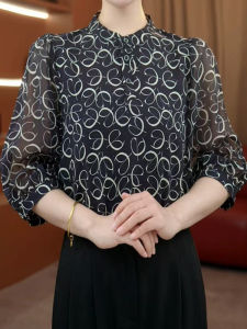 เสื้อเชิ้ตคอโปโลทรงสลิมฟิตพิมพ์ลายสไตล์สากลปี 2025 เสื้อเชิ้ตลำลองสำหรับผู้หญิง แขนยาวสามส่วน ทรงหลวม วัสดุโพลีเอสเตอร์