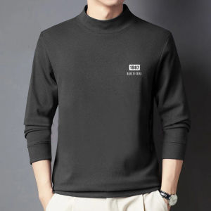 Youth Trendy Velvet Hooded Long Sleeve T-Shirt Semi-High Collar Warm Thickened Base Shirt for Teenagers Autumn Winter