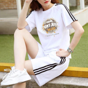 ชุดกีฬาลําลองผ้าฝ้ายบริสุทธิ์สําหรับผู้หญิงชุดสองชิ้นที่สะดวกสบายพร้อมแขนสั้นและกางเกงขาสั้นขากว้างเหมาะสําหรับการวิ่ง