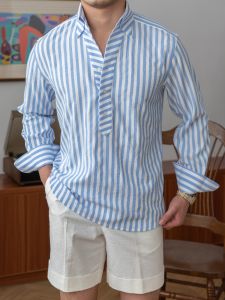 Breathable Lightweight Bubble Gauze Striped Long Sleeve Shirt Casual Slightly Loose
