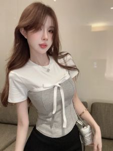 GUZILIAN | Áo thun tay ngắn mùa hè cho nữ có nơ bướm độc đáo áo khoác ngoài ngắn kiểu xương cá chất liệu polyester phong cách công sở Hàn Quốc