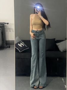Heavy Duty Rhinestone High Waist Flared Jeans Womens Spring New Style Versatile Slimming Long Pants Blue Denim Casual Wear