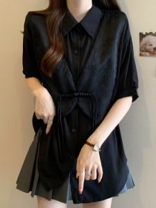 Retro Chinese Style Womens Shirt Short Sleeve plus Size Fashionable New Chinese Design Summer Casual High Waist Butterfly Knot