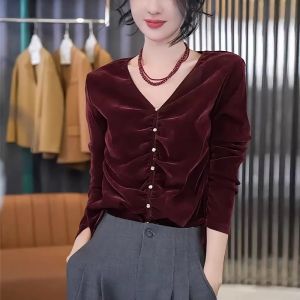 French High-End Velvet Shirt Womens V-neck Pleated Slimming Top Pure Color Simple Design Spring Fashion Outerwear