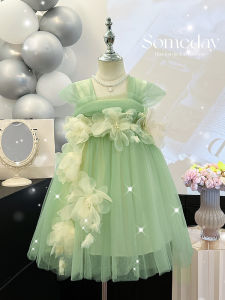 Girls Summer Dress Princesse Style Cotton Blend Fabric Birthday Cake Performance Green Puffy Skirt Childrens Clothing
