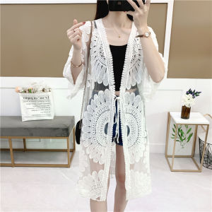 White Long Lace Hollow Out Cardigan