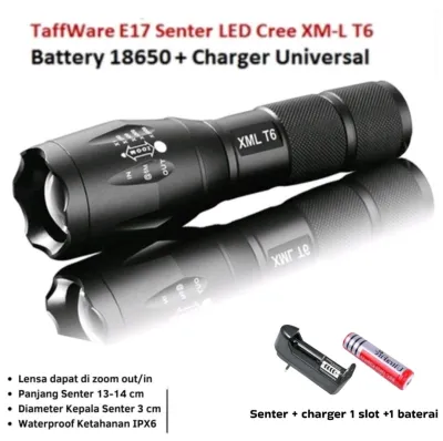 Senter LED XML-T6 Taffware E17 Super Terang LED Paket Komplit