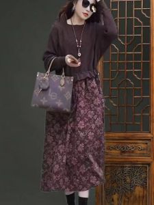 เรียบหรู ฤดูหนาว Midi เดรส ยาว เสื้อสเวตเตอร์ถัก ชั้นฐาน พลัสไซส์ เอวกลาง กระโปรงทรงเอ สําหรับชุดทํางานผู้หญิงวัยกลางคน