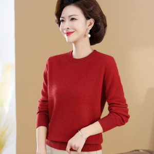 Elegant Mom 100% Pure Wool Sweater Cashmere round Neck Base Shirt Mid-aged Womens Large Size Fashionable Woolen Top