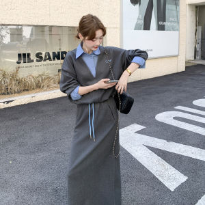 Gray Shirt And Sweatshirt Set Womens Fashion Autumn 2025 New Half Skirt Two-Piece Suit Warm Long Sleeve Polo Collar Korean Style