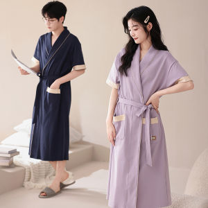 miiow | Pure Cotton Sleep Robe Womens Short Sleeve Long Version Mens Nightgown Simple Style Summer New Arrival Couples Knitted Cotton Pajamas
