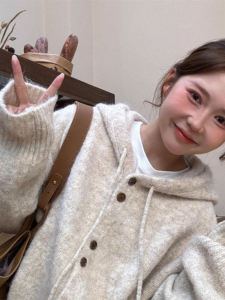 Autumn Winter Thickened Pure Color Knitted Open Cardigan Korean Style Loose Fit Womens Sweater Outerwear Casual Lazy Style