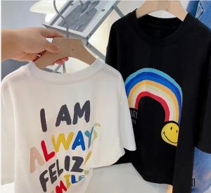 HF White Kid T-shirt Cartoon Rainbow Printed Pure Cotton Breathable Boy Girl Short Sleeve