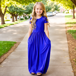 Summer Girls New Solid Color Short Sleeved Long Dress Beach Party Birthday Casual Fashion Show Versatile A-Line Dress