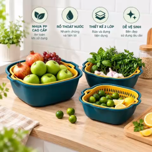 Bộ 3 Thau Rổ Nhựa Vuông Đựng Rau Củ Quả Có Lỗ Thoát Nước 3 Kích Cỡ