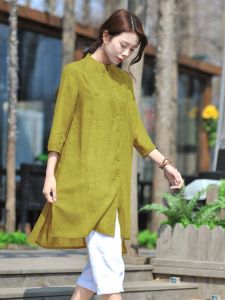 เสื้อเชิ้ตผ้าลินินคอตตอนแขนยาวปานกลางสไตล์จีนสำหรับงานชา เสื้อคลุมกันแดดหลวมๆ สำหรับผู้หญิง