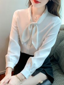 Spring Autumn Fashion Anti-Aging White Chiffon Shirt Women Thin Professional Necktie Blouse Female Style Simple Commute Pure Color