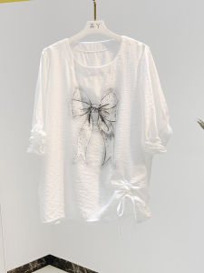 Áo Thun Tay Ngắn Đính Kim Cương Cho Nữ Mùa Hè 2025 Thời Trang Lụa Băng Cotton Mỏng Có Dây Rút Nơ Thắt Nút Cổ Tròn Dáng Rộng