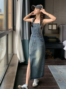 ชุดเดรสยาวเอวสูงสไตล์ฝรั่งเศส กระโปรงยีนส์ทรงเอ แขนกุด ผ้าโพลีเอสเตอร์ ชุดทำงานสไตล์เกาหลี ฤดูร้อน 2024