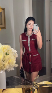 Set áo váy tweed đỏ đô đính đá Khiết phong cách tiệc sang trọng & thanh lịch KS474