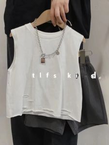 Boys Vest Hole Punching Sleeveless T-Shirt Cool Style Middle Small Children Korean Style White Top Children Trendy Sports Shirt
