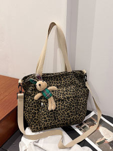 Casual Canvas Velvet Leopard Print Tote Bag Womens Fashionable Student Versatile Large Capacity Commuter Single Shoulder Crossbody Bag