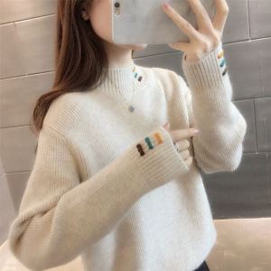 Womens Thickened Half-High Collar Knitted Sweater Embroidered Pure Color Winter Outerwear Warm Commute Style Long Sleeve