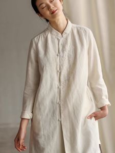 Retro Chinese Style Embroidered Cotton Linen Shirt Womens Spring Autumn Zen Tea Ceremony Tang Costume Hanfu Top