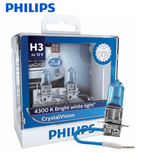 Philips | Philips Crystal Vision H3 Car Halogen Fog Light 12V 55W PK22s 4300K White Headlight with 2x T10 Blue Original Bulbs 12336CVSM