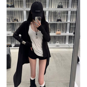 Black Knitted Open Cardigan Womens Loose Mid-Length Thin Summer Sunshade Cover up Top Asymmetrical Hem Korean Style