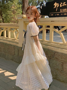 Princess Style Texture Plaid Splice Bubble Sleeve Chiffon Hem Dress Womens Fashion Sweet round Neck High Waist A-Line Skirt