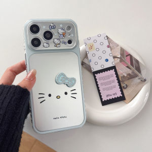 Sanrio | Cute Blue Pink Laser Bow Sanrio Big Face Hello Kitty Silicone Phone Case For iphone 17 16 15 ProMax Shockproof Bumper Soft Cover