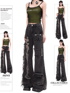 MZVZ | Quần Jean Vintage Đen Rách Cao Waist Ống Suông