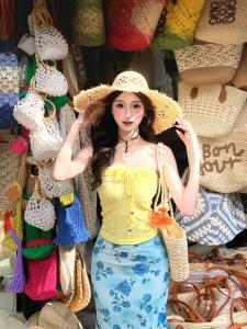 Dopamine Floral Halter Top High Waist Skirt Two Piece Set Women Beach Vacation Beach Skirt Summer Holiday Style Gown