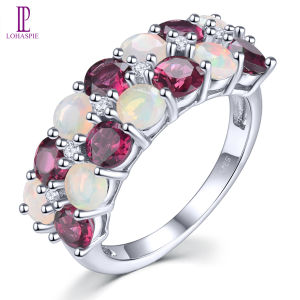 Lohaspie Jewelry Real 3.4 Carats Solid Sterling Silver 925 Ring Original Natural Rhodolite Garnet Opal Ring Garnet Stone Original Ring Garnet Birthstone Ring For Women 925 Jewelry