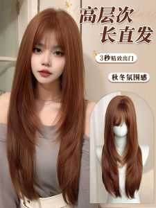 Natural Fluffy Honey Orange Hair Wig Womens Full Head Cover Airy Bangs Long Straight High Layered Fake Hair Princess Lolita Soft Girl