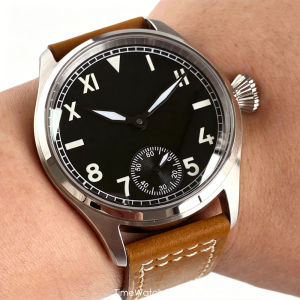 Tandorio | Retro Pilot Watch for Men Asia 6498 ST3620 Mechanical Hand-Wind Movement Luminous Black Dial Sapphire Crystal 42mm Clear Back