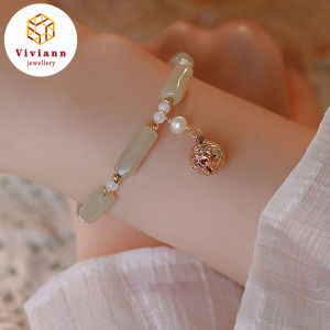 Viviann Original Design Hetian Jade Bracelet Female Bell Pendant New Chinese Pearl Bracelet Green Jades Beaded Bracelets Women Emerald Agate Vintage Strand Bangles Wristband Gifts