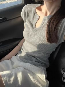 HUOLISI | Korean Style Short Sleeve Fitted Yellow Knit T-shirt