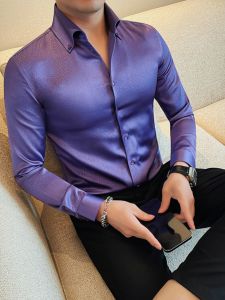 Shiny V-Neck Long Sleeve Mens Shirt Ice Silk French Style Business Casual No Ironing Required Slim Fit Elegant Button Decor